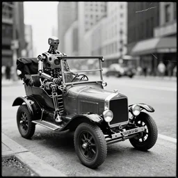 cyberpunk 1 9 0 8 model ford t by paul lehr, beksinski, metropolis, parked by view over city, vintage film photo, robotic, damaged photo, scratched photo, silent movie, black and white photo