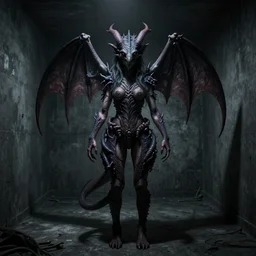 a human being possessed by a reptilian daemon controlling her from behind in a dark concrete room, spooky lighting, dark, creepy, trending on artstation, intricate detail