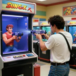 super nintendo man shooting a sega genesis man inside of a game stop, movie still, cinematic, hd, 8 k