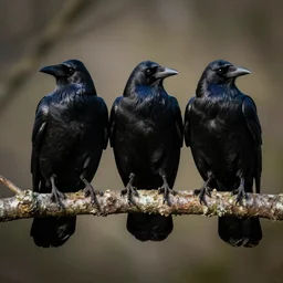 three raven sitting on a branch. highly detailed. dramatic lighting.