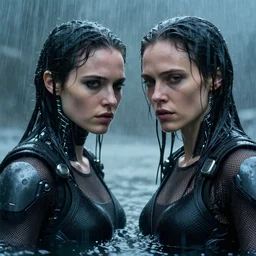 cinestill 5 0 d candid action photographic portrait by quentin tarantino of two loving female androids wearing rugged black mesh techwear in treacherous waters, extreme closeup, modern cyberpunk tesla retrofuturism moody emotional cinematic, pouring iridescent rain, 8 k, hd, high resolution, 3 5 mm, f / 3 2, motion blur, ultra realistic faces, ex machina
