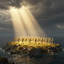 skeleton army on patrol, light rays though stormy clouds over island casting shadows, medieval, beautiful dramatic lighting, 8 k render, golden hour, intricate, richly detailed, photorealistic imagery, artstation render inspired by victo ngai and andrei riabovitchev vibrant colors, heavenly glow, fantasy art, winning award masterpiece