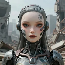Ultrarealist aesthetic detailed face portrait of a dollpunk wearing Abstract tech bodysuit, in front of a ruined city, epic exquisite character art, focus, looking at camera, accurate symmetric features proportions, golden ratio, ultra intricate details, award winning, unreal render