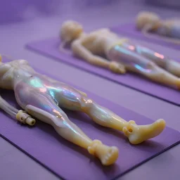 cinestill close - up of iridiscent oil slick corpses connected by tubes to wax technical forms relaxing on yoga mat, faded, iridiscent gradient, purple fog, depth of field, blur, very detailed, by nadav kander and hans bellmer, 8 k, ultrarealistic, sad atmosphere, cinematic, 8 5 mm lens