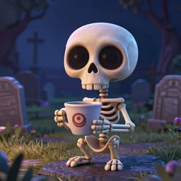 a funny skeleton character with big eyes holding a cup of coffee on a cemetery at night. pixar disney 4 k 3 d render funny animation movie oscar winning trending on artstation and behance. ratatouille style.