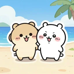 die cut sticker of anime chibi kawaii cute two people on beach vacation