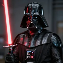 4K HD, high detail photograph, shot with Sigma f/ 4.2 , 250 mm sharp lens, overlap perspective, shallow depth of field : (subject= Darth Vader + subject detail= red lightsaber, accurate body features, consistent, high detailed light refraction , high level texture render)
