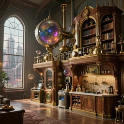 angle shot of factory that creates different universes, blade runner 2 0 4 9, traditional church cabin kitchen, library, steampunk appliances, by wlop by simon besombes, kacper niepokolczycki, jhonseru jsezz artstation and greg rutkowski and studio ghibli and makoto shinkai, with some wood and gold details, biomechanics, lens orbs, global illumination, with a window overlooking a cyberpunk metropolis, living room, architectural, volumetric lighting, granular detail, micro details, mixer, vray
