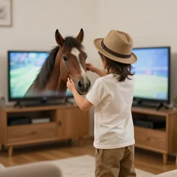 a kid with horse head using shirt and pants and a hat while its watching tv