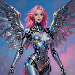 formal portrait of beautiful cybernetic goddess, painted by jesper ejsing. fantasy, sci - fi, neon and chrome, metal wings, terminator, intricate detail, romanticism, vivid color scheme, artstation