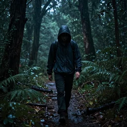 People from the future walking in a rain forest at night wearing a dark hoodie, hyperrealism, octane