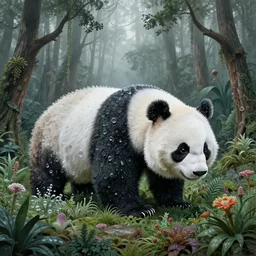 gigantic panda with a lot of glass details, a lot of exotic vegetation, trees, flowers, dull colors, in the foggy huge forest, by moebius, junji ito, tristan eaton, victo ngai, artgerm, rhads, ross draws, hyperrealism, intricate detailed