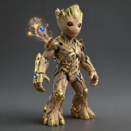 groot, biomechanical, golden gauntlet with 5 gems, entangled glowing space micelium, very detailled, wide angle, 3 d render, unreal engine