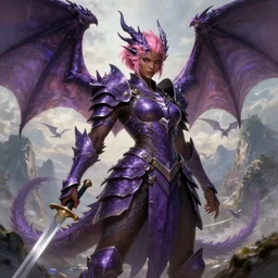 full portrait of a beautiful dragon master, female, intricate purple armor, dragon - themed, sprouting wings, dark brown skin, short pink hair, swords, battle pose, background filled with mountains and flying drakes, epic, highly detailed, extremely detailed face, high fantasy, digital painting, by artgerm and greg rutkowski and alphonse mucha, artstation