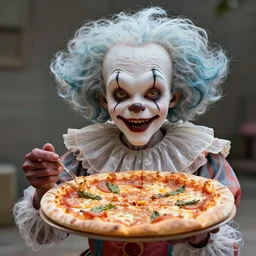 realistic photo of a creature looking like pulcinella from hell holding a pizza up to the camera, filaments, translucent, photorealistic, hyperrealism, high resolution, ultra - detailed, by marc simonetti, natural volumetric lighting, realistic 4 k octane beautifully detailed render, 4 k post - processing