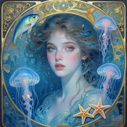 gorgeous young goddess of the light blue holy water light, unusually unique beauty, swimming fish, small jellyfish, starfish, emotionally evoking symbolic metaphors, head in focus, fantasy, ornamental, intricate, elegant, sensual, highly detailed digital painting, artstation, concept art, painterly, golden ratio, sharp focus, illustration, art by john william godward and alphonse mucha and zdzisław beksinski,