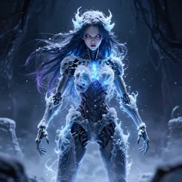 photorealistic full body shot of masterpiece angry darkness android anime girl, beautifull lovely eyes, electric aura with particles, snowing frozen ice, darkness background, inspired by tim burton, detailed, unreal engine 4 k, volumetric light, fog