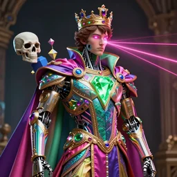 full-body sculpture of a young handsome Spanish prince as a half android with a glowing green diamond in his chest, pink laser beams coming out of his eyes, crown of giant jewels,  flowing neon-colored silk, human skull mask, geometric shapes in a cyperbunk and baroque style. intricate artwork by caravaggio. Trending on artstation, octane render, cinematic lighting from the right, photorealistic, octane render, 8k, depth of field, 3D