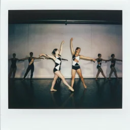 polaroid of dancers in geometric costumes, smudge, lo fi, mix, texture