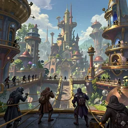 An epic fantasy comic book style landscape painting of a thieves using ropes to get around a vibrant steampunk city with walkways and bridges, unreal 5, DAZ, hyperrealistic, octane render, dynamic lighting