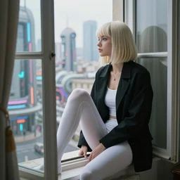 19-year-old matryoshka platinum-blonde-haired hime-cut blue-eyed French empress wearing white leggings and black jacket, looking out open window, sitting in French apartment, communist city, futuristic city, cyberpunk city, HD photograph