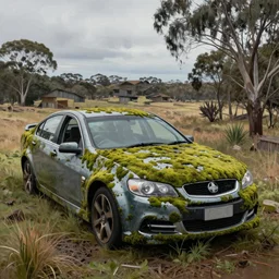 hyper realistic painting of an australian landscape, an abandoned holden commodore covered with moss. by Zdzislaw Beksinski