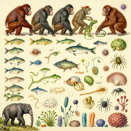 all of evolution as a striking detailed painting, humans, apes, reptiles, fish, mammals, worms, corals, fungi, bacteria, viruses, animals, plants, flagellates, arachnids, invertebrates, bivalves