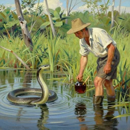 Snake oil salesman searching the swamps of Formosa for the elusive water snake, painting by Roger Dean, painting by Naomi Okubo
