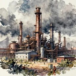 Industrial complex Watercolor sketch, highly detailded