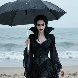 portrait of a beautiful and grim vampire queen under a large beach umbrella being splashed by water suddenly by William-Adolphe Bouguerea