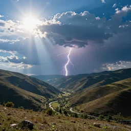 a beautiful ancestral highland valley with rolling hills and a big blue sky, bright sun, daytime, and a single bolt of distant lightning, holy and sacred, ground perspective;  detailed, best on artstation, raymond swanland, bayard wu, cosmic, volumetric lighting, godrays, epic, stunning, masterpiece