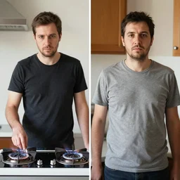 portrait taken of a man before and after he was informed that he left his stove on, before and after photo, side by side