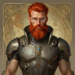 portrait of a ginger bearded man with glasses, sci - fi techwear, muscular! cyberpunk, intricate, elegant, highly detailed, digital painting, artstation, concept art, sharp focus, illustration, art by artgerm and greg rutkowski and alphonse mucha