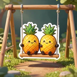 die cut sticker of chibi anime two cute kawaii smiling pineapples on a swing set