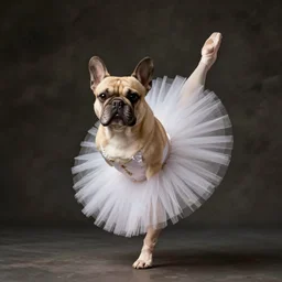 A French Bulldog classical ballet dancer in a tutu