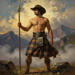 a dramatic epic beautiful painting of a shirtless desi man | he is wearing a plaid kilt and cowboy hat, and holding a quarterstaff | background is mountains! and clouds | dramatic lighting, golden hour, homoerotic | by mark maggiori and walter crane | trending on artstation