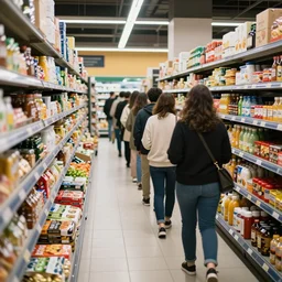 long queue at supermarket with lots of food and groceries, photorealistic, ultra-detailed, 4k high resolution, HDR shot