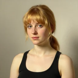 portrait of woman with strawberry blond hair by bastien lecouffe - deharme and charles bowater, bangs, ponytail, black tank top