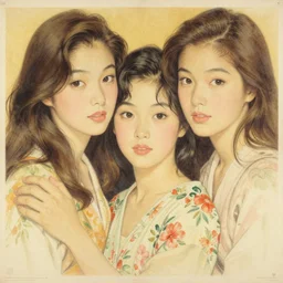 “ jennifer garner portrait by ikenaga yasunari and ayana otake and ko rakusui, 6 0 s poster, drawing, realistic, sharp focus, japanese, dreamy, nostalgia, faded, golden hues, floral clothes ”