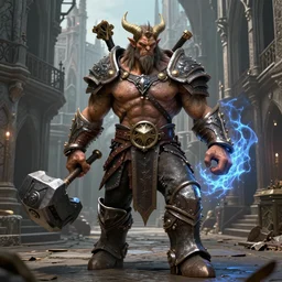 detailed realistic face full body portrait octane render of a muscular beautiful goliath in daedric - armor, ultra wide shot, energymagic - battlehammer, poising for the camera, on an medieval gothic street, in the style of greg rutkowski and hans zatzka, digital art, sharp focus, highly realistic