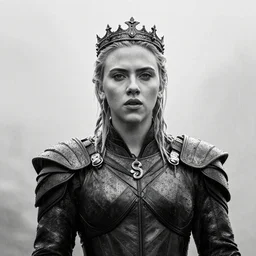 black and white, scarlett johansson as a white walker, wearing rain soaked armour in the pouring rain and a crown, frank frazetta manga style, hyper realism, pencil and ink, full body walking towards camera pose, dynamic lighting in a post apocalyptic city and huge gothic castle in the background, at night with dramatic moonlight, cinematic effects vfx, dynamic angle