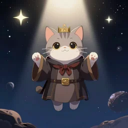 a single cartoonish kitten dressed as Gandalf  floating in space, center focus, center spotlight, bright stars, anime, a fantasy digital painting by Greg Rutkowski and James Gurney, trending on Artstation, highly detailed