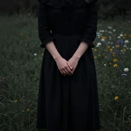 a girl standing in a field, wearing black old dress and hat, detailed hands, by andrea kowch, andrea kowch, dark, dark, scene, magicrealism, flowers in background,