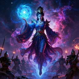 a powerful goddess woman floating with a glowing orb of blue power in her hand, trending on artstation, colourful, powerful, dark, mysterious, maximalist, full body shot, japanese, unreal engine 5, evil, warrior, nebula background, wearing a farce robe, army behind her and war - s 1 5 0
