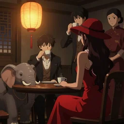 anime in a dimly lit room, lit by a chinese lantern, at a table with a leg in the form of an elephant sit a tanned, long - haired brunette in a pearl necklace and a red dress and red hat, who sits with her back, and a young short - haired brown - haired man in a tailcoat and white shirt, who drinks coffee, stands behind chinese servant