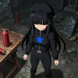 1 3 - year - old anime girl with long black hair, hair covering eyes, eyeless, bangs over face, wearing black beret, black jumpsuit, blue star, underground catacombs, molotov cocktails, table, carpenter's table, dark shadows, sharp details, subsurface scattering, intricate details, anime, anime hd wallpaper, 2 0 1 9 anime screenshot