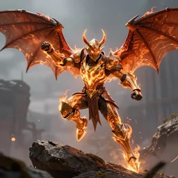 platemail - wearing, cgsociety, ultimate detail, cinematic, smooth, digital fantasy art by steve argyle and jason chan, 8 k, trending on artstation, sharp focus, burning, knight with two giant bat wings and glowing eyes leaping off a rock preparing to throw a punch, video game cover art