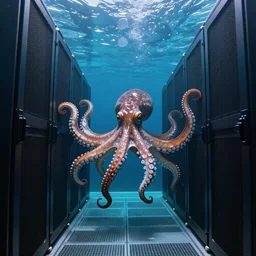underwater data center, octopus between, servers, photo, high quality,