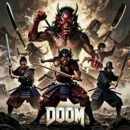 beautiful cinematic horror poster with Oni Tengu demons fighting samurai from Japan , hybrid from Doom and art direction by Darius Zawadzki ;by artgerm; wayne reynolds art station; cinematic quality character render; low angle; ultra high quality model; production quality cinema model;