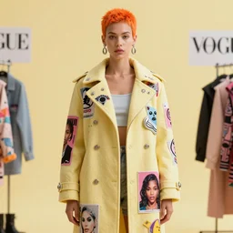 coat for a rave,Orange hairstyle, earrings, bright soft colors, soft yellow background, many details, prints, photo for a magazine, photo for a store, fashion photography, Vogue, 135 mm, cinematic, hyper realism, high detail, octane render, 8k, chrome accents, very coherent symmetrical artwork, perfect face model, Soft light, Reduced contrast